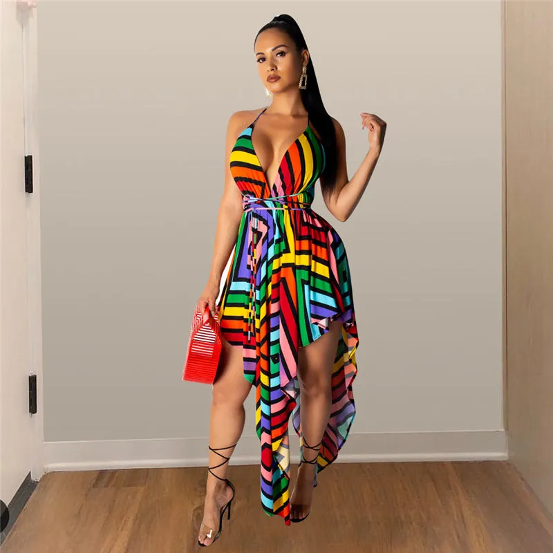 S-XXL Women Sexy Colorful Stripe Halter Neck Irregular Hem Dress