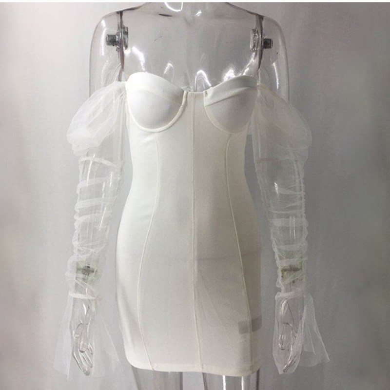 Wholesale S-XL Women Sexy Mesh Sleeve Solid Color Off