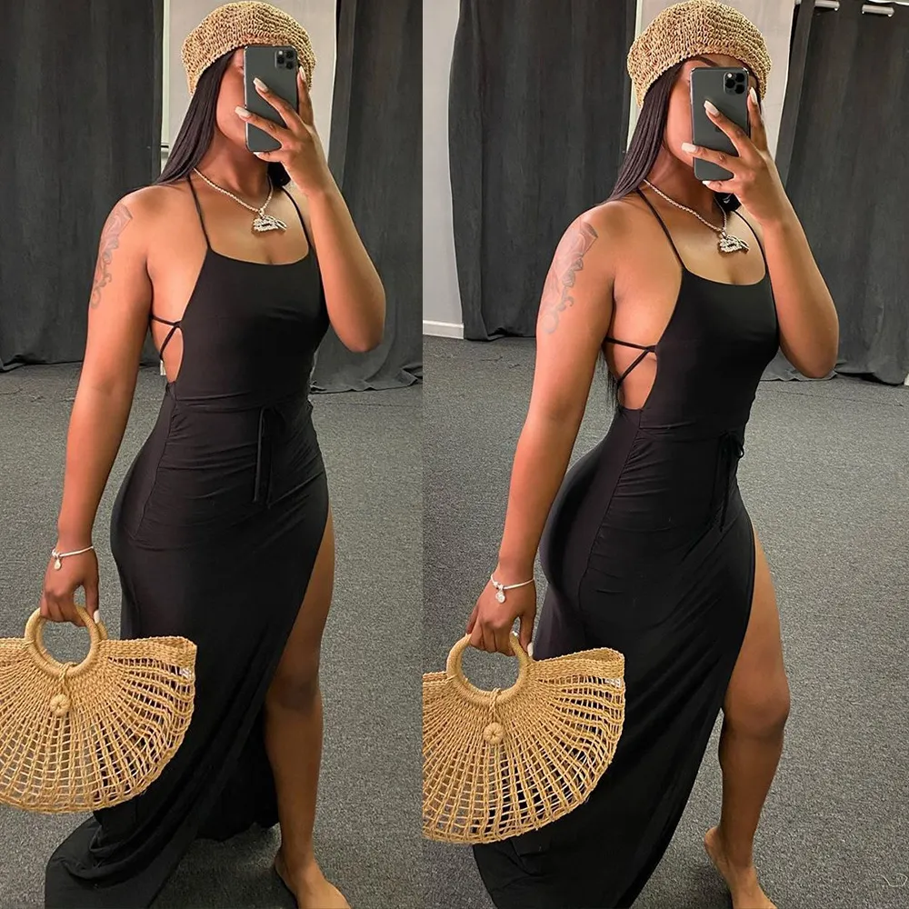 S-XL Women Sexy Backless Solid Color Split Maxi Dress