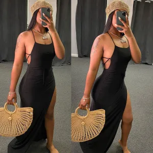 S-XL Women Sexy Backless Solid Color Split Maxi Dress
