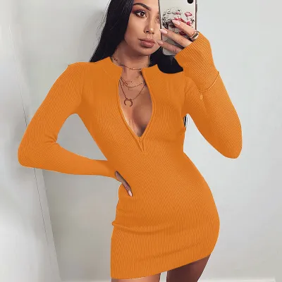 Women Sexy Solid Color Zipper Long Sleeve Mini Dress