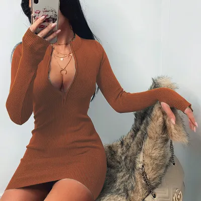 Women Sexy Solid Color Zipper Long Sleeve Mini Dress