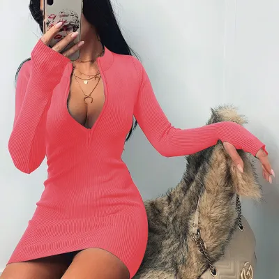 Women Sexy Solid Color Zipper Long Sleeve Mini Dress