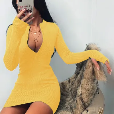 Women Sexy Solid Color Zipper Long Sleeve Mini Dress