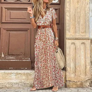 S-3XL Women Bohemia V-neck Floral Print Maxi Dress