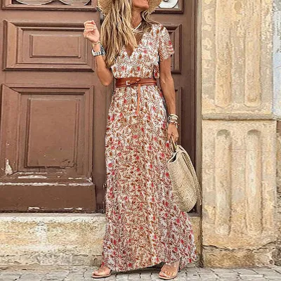 S-3XL Women Bohemia V-neck Floral Print Maxi Dress