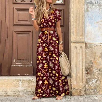 S-3XL Women Bohemia V-neck Floral Print Maxi Dress
