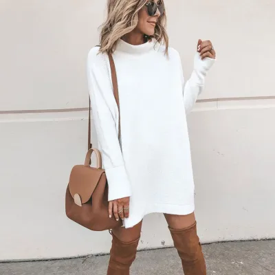 Autumn Winter Women Solid Color Mock Neck Knitted Dress