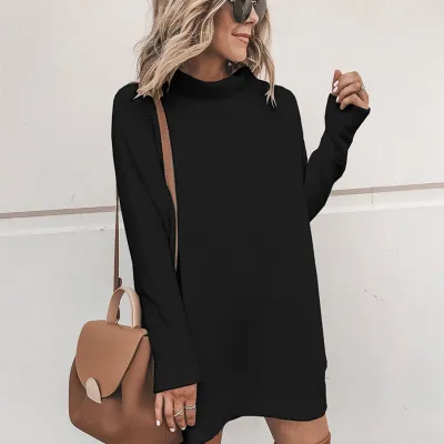 Autumn Winter Women Solid Color Mock Neck Knitted Dress
