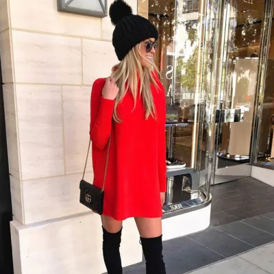 Autumn Winter Women Solid Color Mock Neck Knitted Dress