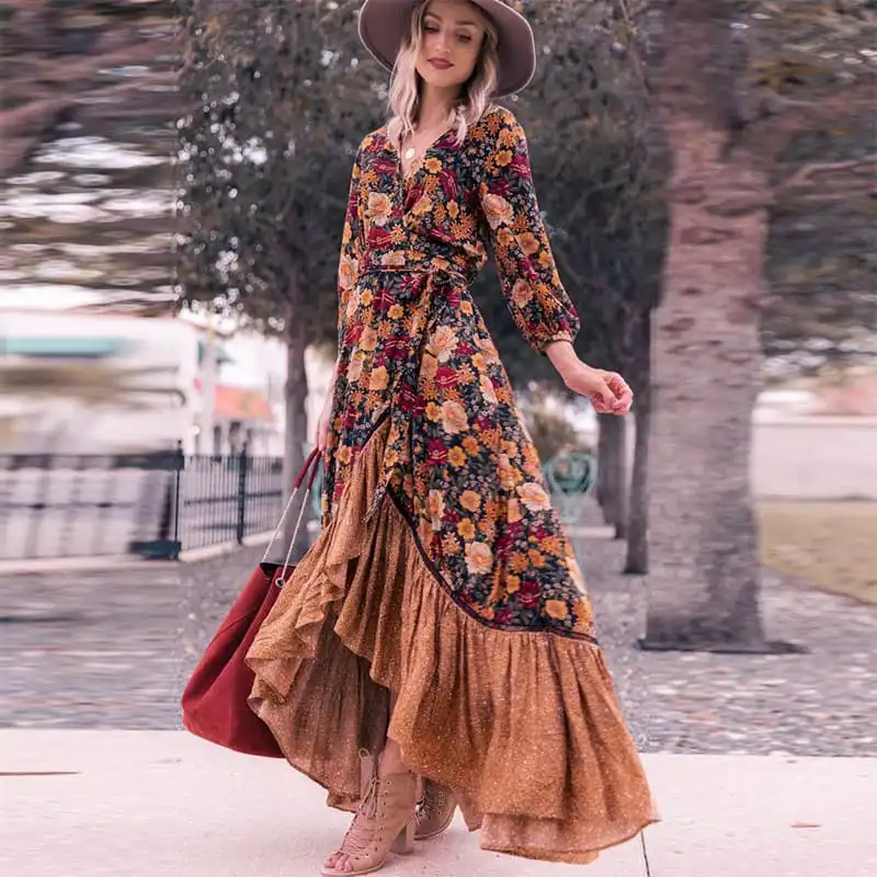 S-XL Women Retro Boho Flower Print V Neck Swing Dress