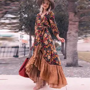 S-XL Women Retro Boho Flower Print V Neck Swing Dress