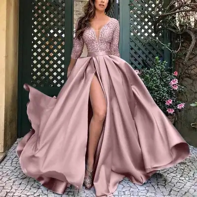 S-5XL Women Elegant Solid Color V Neck Side Slit Evening Dress