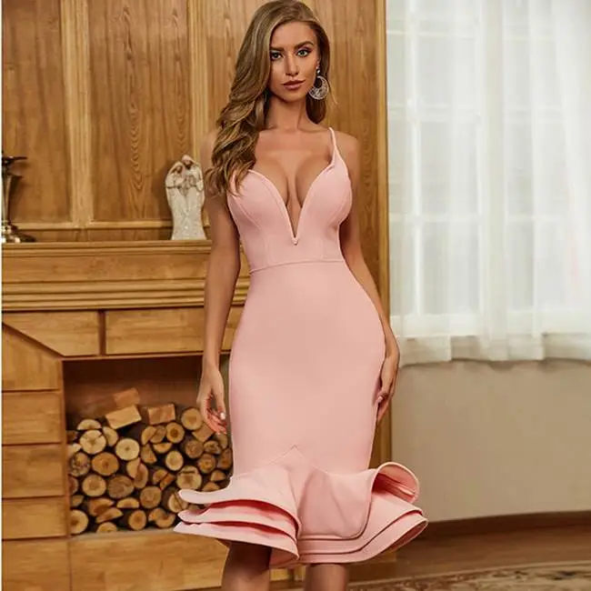 S-L Women Solid Color Deep V Neck Ruffled Hem Party Dress