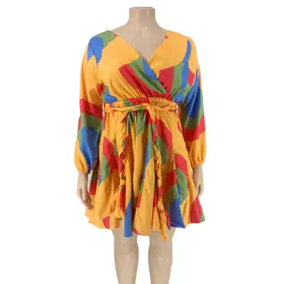 S-XL Women Color Blocking Defined Waist Swing Dress