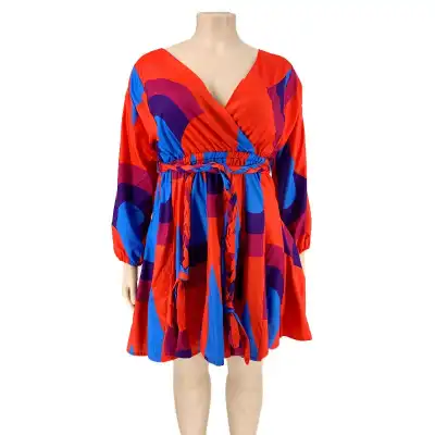 S-XL Women Color Blocking Defined Waist Swing Dress