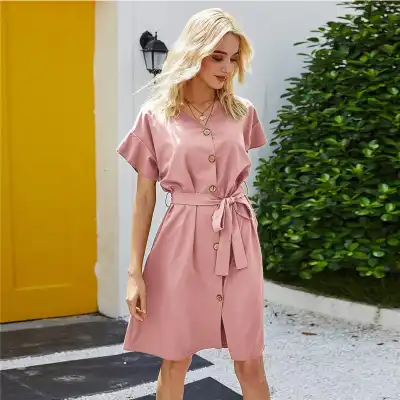 S-XL Women Fashion Solid Color Short Sleeve Single-breasted Pencil Dress