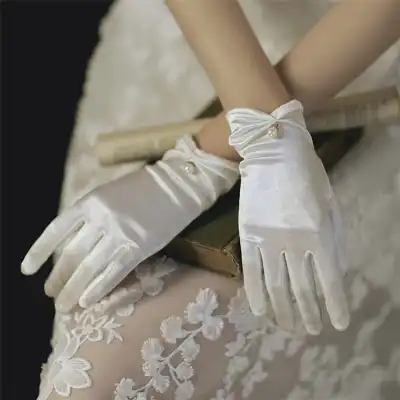 Elegant Elastic Short Pearl Beaded Satin Wedding Gloves