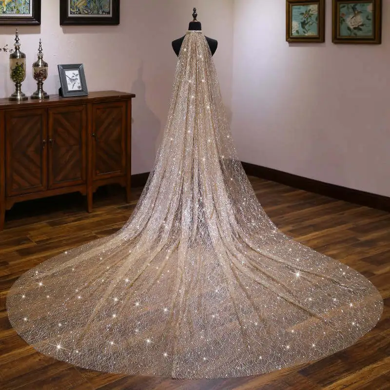 Shiny Glitter Design Sweep Length Train Bridal Mesh Veil