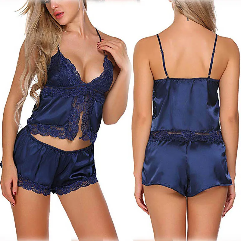 S-XL Women Sexy Satin Solid Color Hollow Out Slip Pajamas