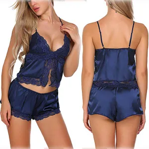 S-XL Women Sexy Satin Solid Color Hollow Out Slip Pajamas
