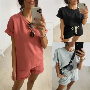 S-XL Women's Casual Cotton Blend Pajamas Set - Short Sleeve T-Shirt and Shorts