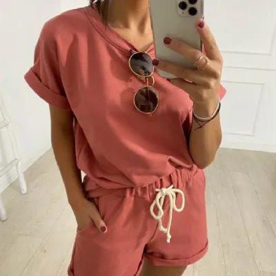 S-XL Women's Casual Cotton Blend Pajamas Set - Short Sleeve T-Shirt and Shorts