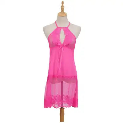Women Sexy Halter Neck Lace Patchwork See-through Sleep Dress