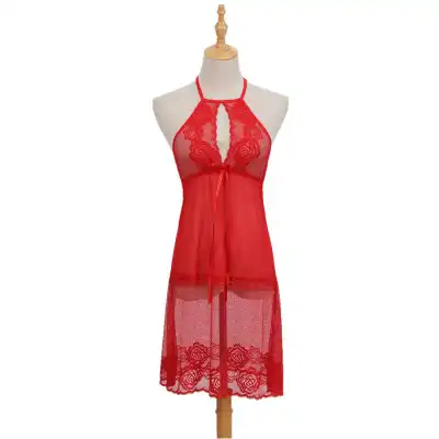 Women Sexy Halter Neck Lace Patchwork See-through Sleep Dress
