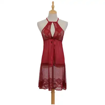 Women Sexy Halter Neck Lace Patchwork See-through Sleep Dress