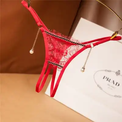 Women Sexy Ultrathin Lace Chain Imitation Pearl Decorate Thongs