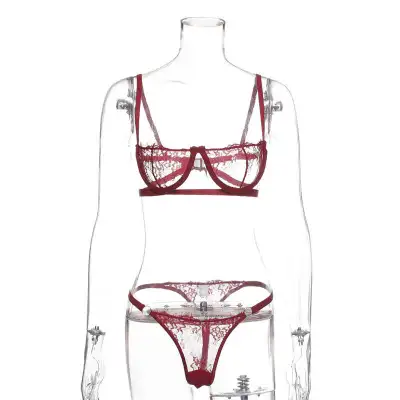 S-L Women Sexy Bandeau See-through Lace Bra Set