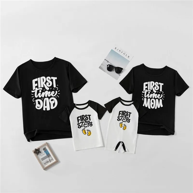S-XL Family Matching Contrast Letter Printed Cotton Blended Tee
