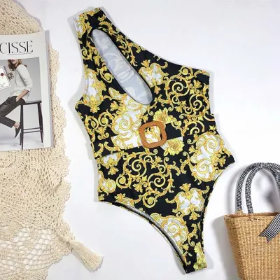 S-L Women Sexy Floral Printed Asymmetric Hollow Out One-Piece Swimsuit