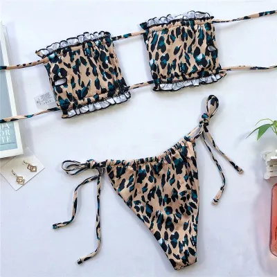 S-L Women Sexy Hollow Out Polka Dot Print Ruffled Two-pieces Swimsuit