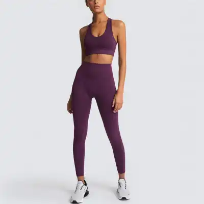 S-L Women Solid Color Sports Bra And Leggings Two Pieces Set