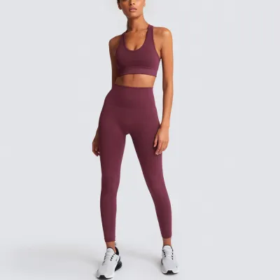 S-L Women Solid Color Sports Bra And Leggings Two Pieces Set