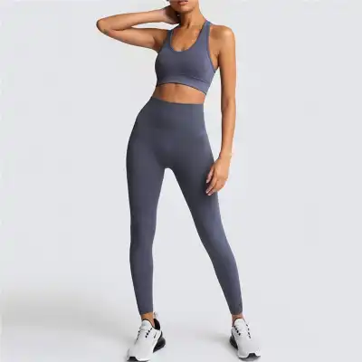 S-L Women Solid Color Sports Bra And Leggings Two Pieces Set