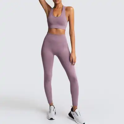 S-L Women Solid Color Sports Bra And Leggings Two Pieces Set