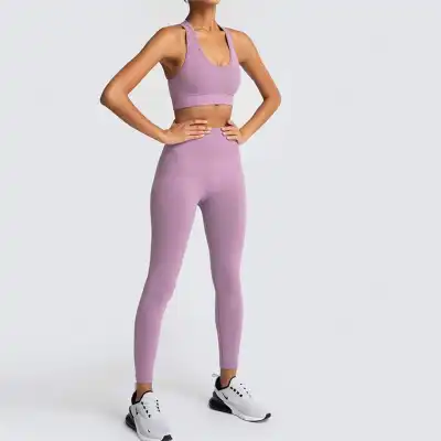 S-L Women Solid Color Sports Bra And Leggings Two Pieces Set