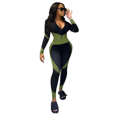 S-4XL Women Color Blocking Zipper Top And Pencil Pants Sport Two Pieces Set