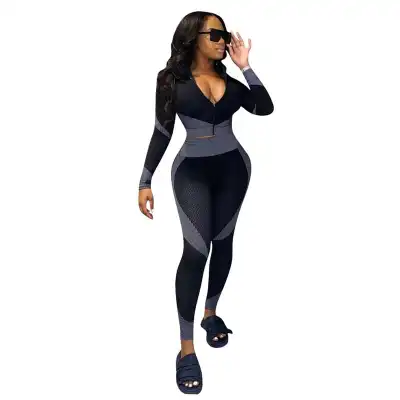 S-4XL Women Color Blocking Zipper Top And Pencil Pants Sport Two Pieces Set