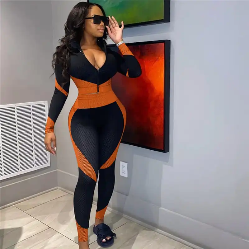 S-4XL Women Color Blocking Zipper Top And Pencil Pants Sport Two Pieces Set
