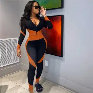 S-4XL Women Color Blocking Zipper Top And Pencil Pants Sport Two Pieces Set