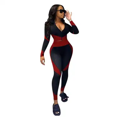 S-4XL Women Color Blocking Zipper Top And Pencil Pants Sport Two Pieces Set