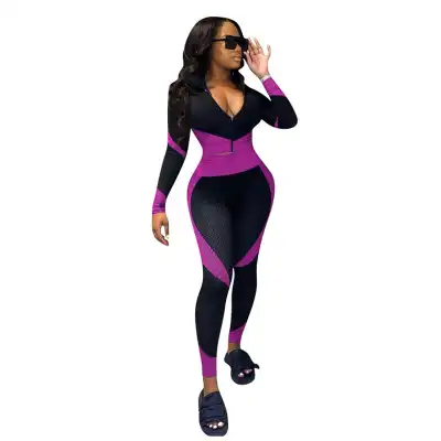 S-4XL Women Color Blocking Zipper Top And Pencil Pants Sport Two Pieces Set
