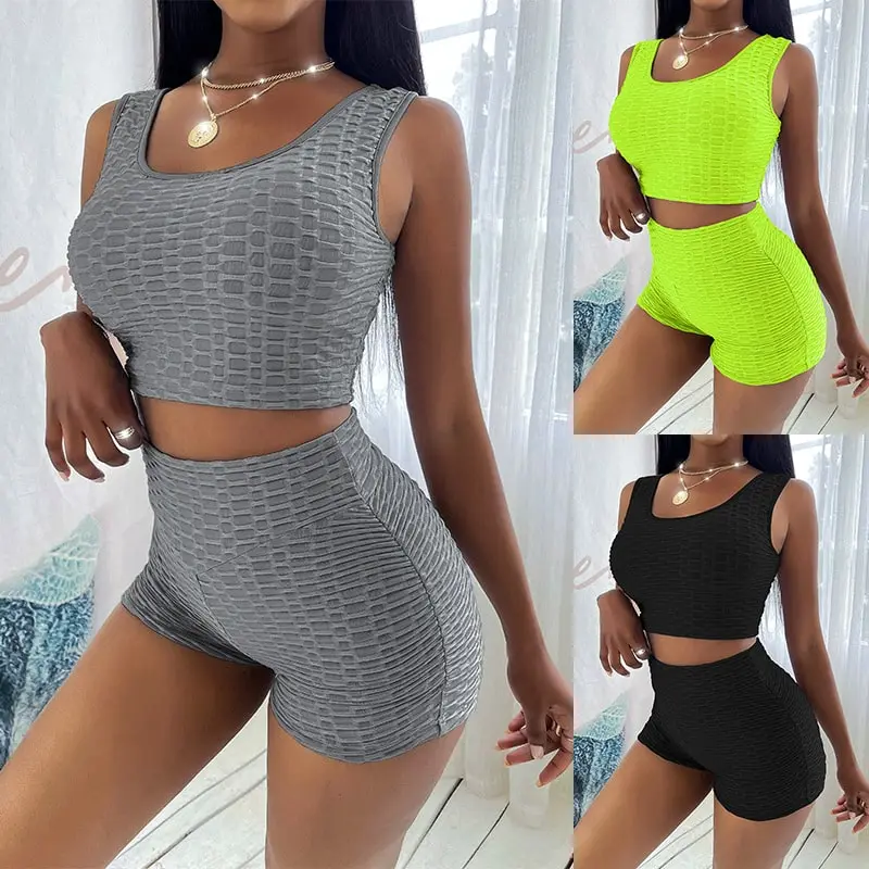 S-2XL Women Sport Solid Color Tank Top And Shorts Two Pieces Set