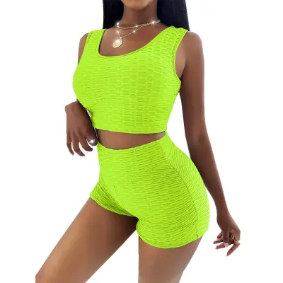 S-2XL Women Sport Solid Color Tank Top And Shorts Two Pieces Set