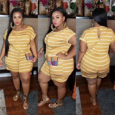 XL-5XL Women Plus Size Casual Sexy Stripe Print Rompers