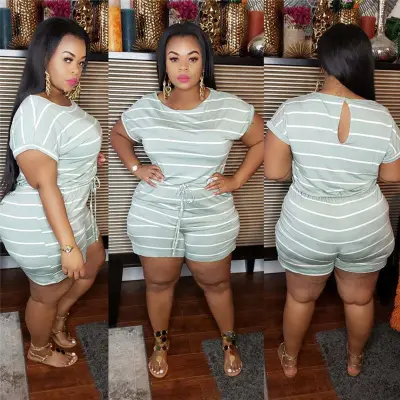 XL-5XL Women Plus Size Casual Sexy Stripe Print Rompers